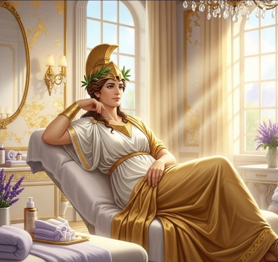 Athena lounging in her salon